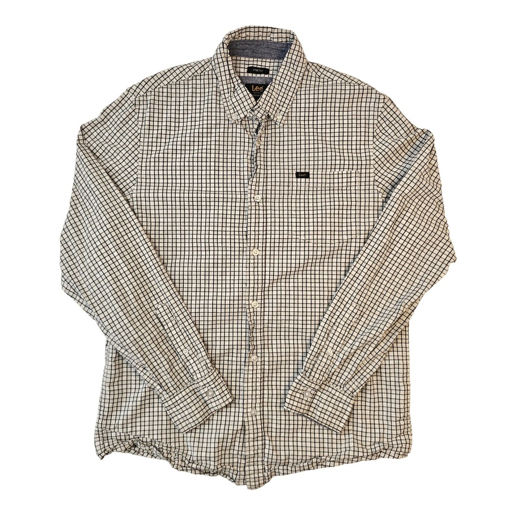 Lee Mens Regular Fit Stretch Button Down Shirt Medium White Navy Grid Check